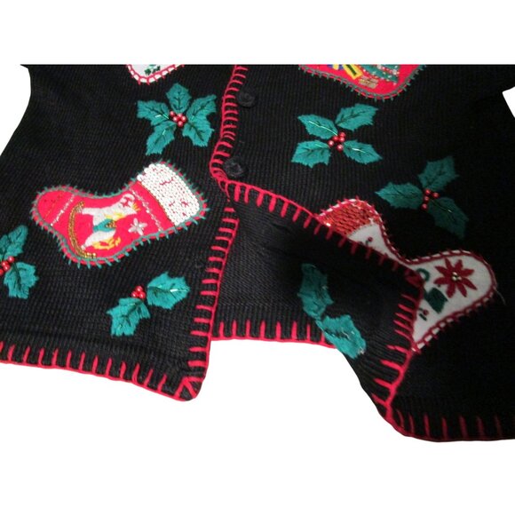 Vintage Victoria Jones Christmas Sweater Med Black Stocking Holly Applique GUC - Picture 2 of 9